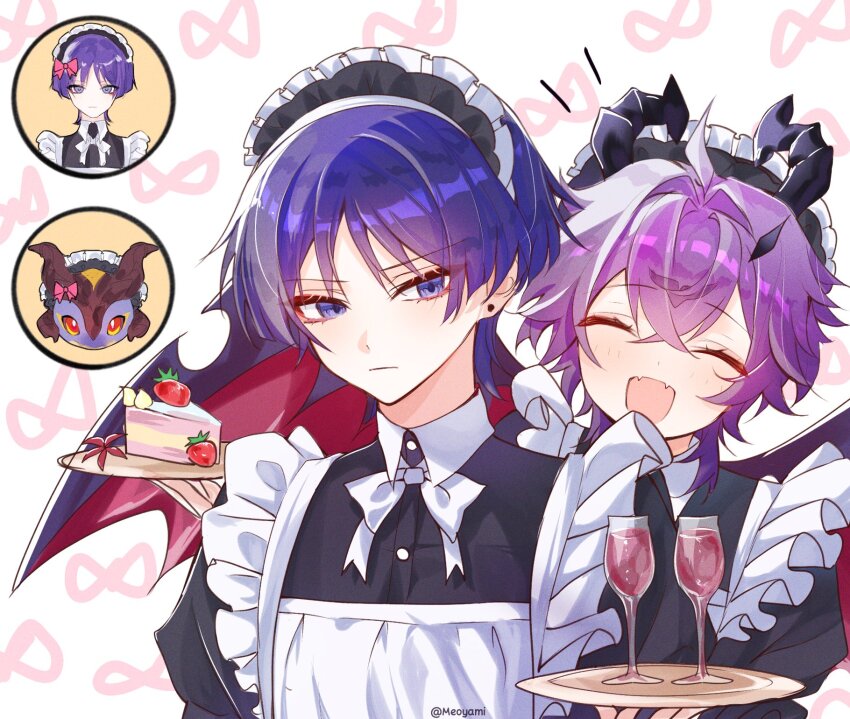 2boys ahoge alcohol alternate_costume apron black_dress blue_eyes blue_hair blunt_ends blush bow bowtie buttons cake cake_slice closed_eyes closed_mouth collared_dress commentary crossdressing crossed_bangs cup dragon dragon_boy dragon_horns dragon_wings dress drinking_glass ear_piercing english_commentary enmaided eyeshadow fangs food frills fruit genshin_impact hair_between_eyes hair_bow hair_ornament highres holding holding_tray horns infinity_symbol juliet_sleeves long_sleeves looking_at_another maid maid_headdress makeup male_focus meoyami mini_durin_(dragon)_(genshin_impact) mini_durin_(genshin_impact) multiple_boys multiple_views notice_lines open_mouth parted_bangs piercing pink_bow puffy_sleeves purple_hair red_eyes red_eyeshadow scaramouche_(genshin_impact) short_hair smile strawberry tray white_apron white_bow white_bowtie wine wings
