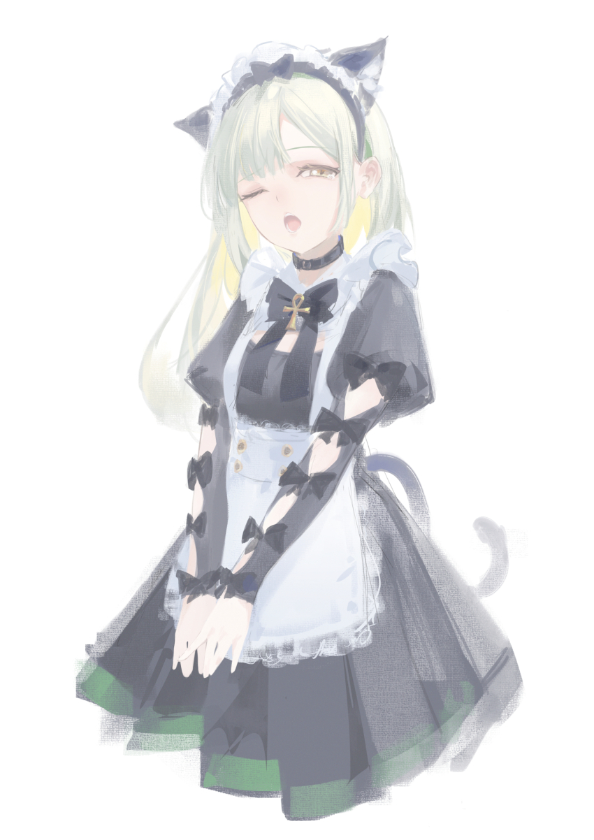 1girl ;o absurdres airool animal_ear_fluff animal_ears apron bang_dream! bang_dream!_it&#039;s_mygo!!!!! black_bow black_collar black_dress blonde_hair bow brown_eyes cat_ears cat_girl cat_tail collar commentary_request dress frilled_apron frills green_hair half-closed_eye hand_on_own_hip highres juliet_sleeves kemonomimi_mode long_hair long_sleeves looking_at_viewer maid maid_headdress mortis_(bang_dream!) mortis_(persona)_(bang_dream!) multicolored_hair one_eye_closed open_mouth pleated_dress puffy_sleeves simple_background solo tail two-tone_hair very_long_hair wakaba_mutsumi white_apron white_background