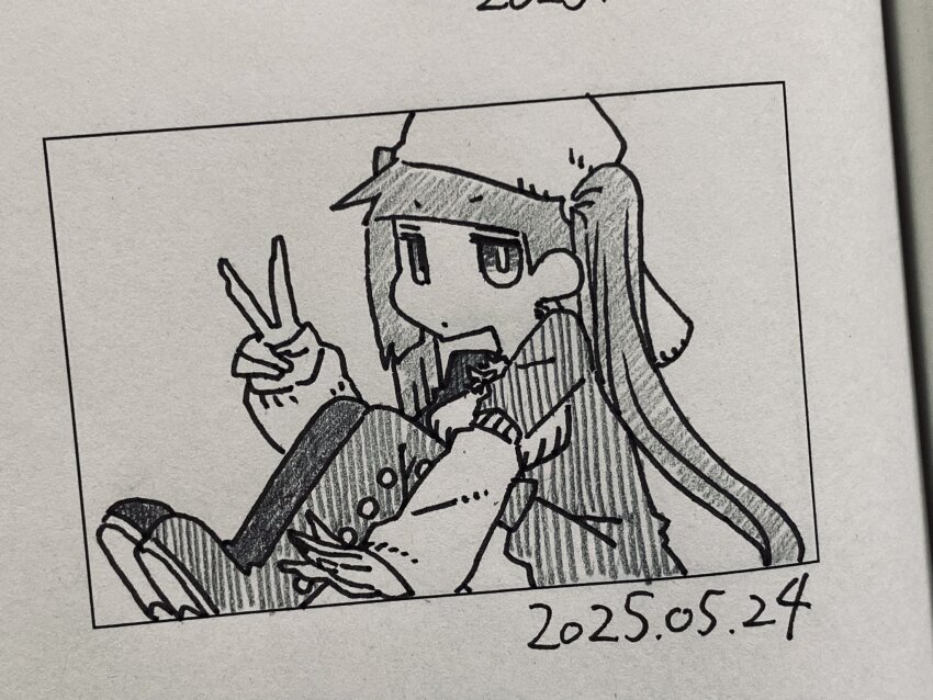 1girl 2025 black_dress bleach blush breasts chibi dated dokugamine_riruka dress expressionless fingernails hanya_(hanya_yashiki) hat long_hair looking_at_viewer monochrome nail_polish photo_(medium) simple_background sitting solo traditional_media tsundere twintails v very_long_hair white_background