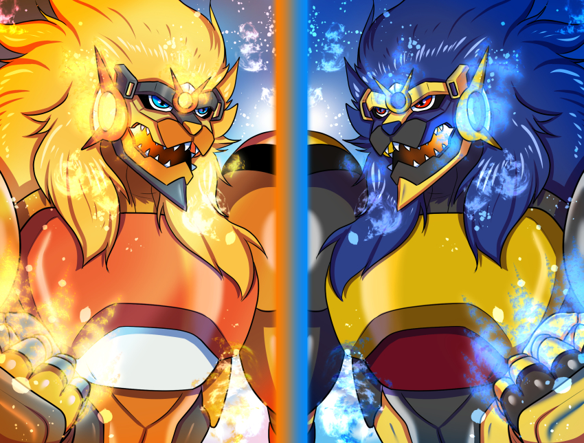 apollomon apollomon_whispered armor blue_eyes blue_fire digimon dual_persona fire highres lion red_eyes