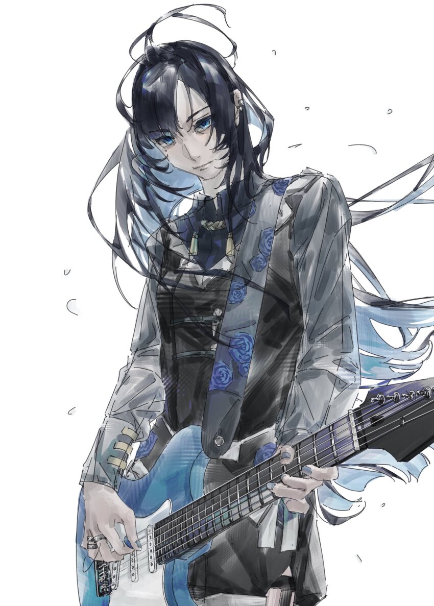 1girl ado_(utaite) black_dress black_hair blue_eyes blue_hair chando_(ado) closed_mouth colored_inner_hair commentary dress ear_piercing electric_guitar guitar guitar_strap hashtag-only_commentary highres holding holding_guitar holding_instrument holding_plectrum htt_hatuotuo instrument jewelry long_hair mole mole_under_eye multicolored_hair multiple_rings piercing plectrum ring simple_background solo utaite white_background