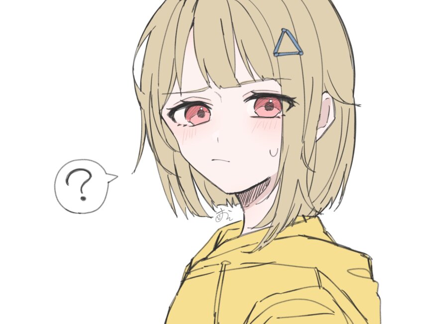 1girl ? blush closed_mouth commentary_request frown grey_hair hair_ornament highres hood hood_down hoodie looking_at_viewer love_live! love_live!_nijigasaki_high_school_idol_club nakasu_kasumi osora_dao red_eyes short_hair solo spoken_question_mark sweat triangle_hair_ornament upper_body white_background yellow_hoodie