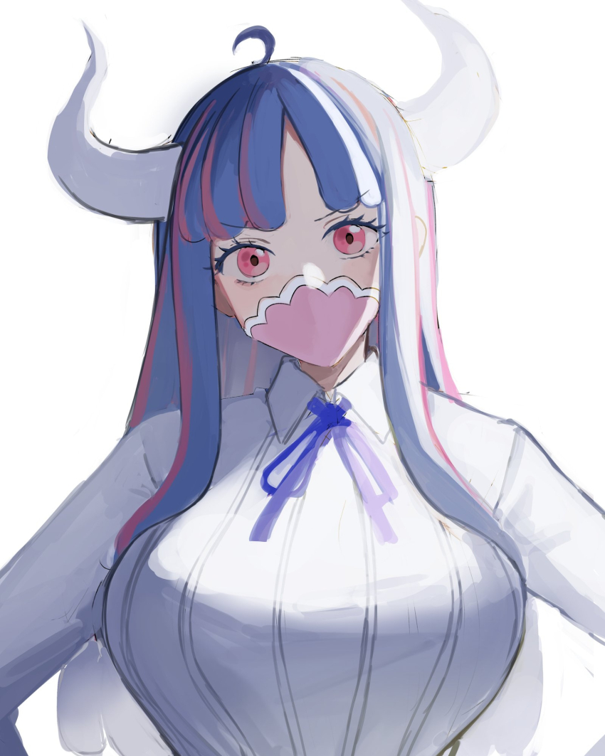 1girl ahoge blue_hair breasts curled_horns highres horns kasuga_kaya large_breasts looking_at_viewer mask mouth_mask multicolored_hair one_piece pink_eyes pink_hair pink_mask shirt solo streaked_hair ulti_(one_piece) white_shirt