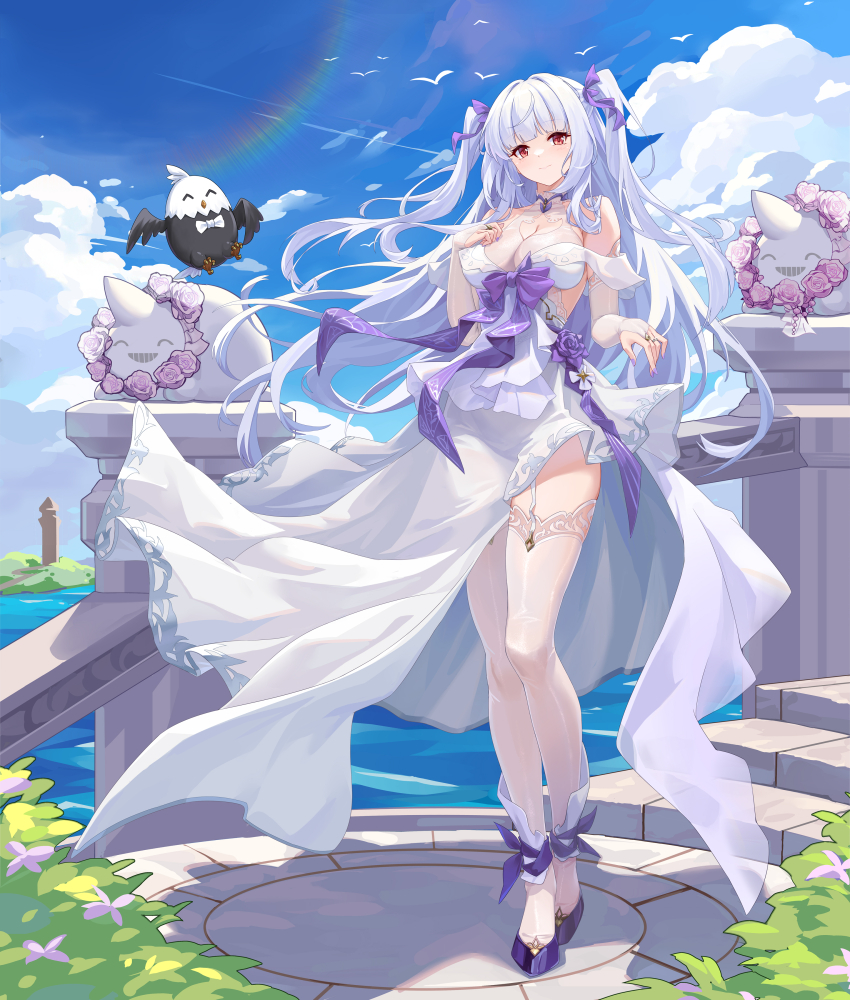 1girl ^_^ absurdres bald_eagle bell_mccamp_(warship_girls_r) bird blue_sky bow bowtie breasts bridal_gauntlets bush chinese_commentary cleavage_cutout closed_eyes closed_mouth clothing_cutout cloud commentary_request day dress dress_bow eagle essex_(warship_girls_r) fingernails floating_clothes floating_hair flower garter_straps hair_ribbon halter_dress halterneck hand_on_own_chest highres jewelry large_breasts lazgear lens_flare light_blush long_fingernails long_hair looking_at_viewer nail_polish ocean outdoors purple_bow purple_flower purple_nails purple_ribbon purple_shoes red_eyes ribbon ring shadow shoes simple_bird sky sleeveless sleeveless_dress solo stairs standing thighhighs twintails two_side_up very_long_hair warship_girls_r water white_bow white_bowtie white_dress white_hair white_thighhighs