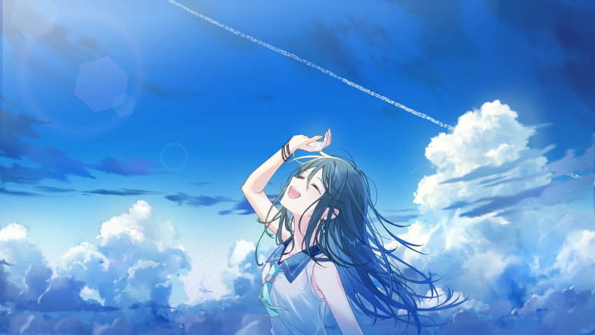 1girl absurdres blue_hair blue_sailor_collar closed_eyes cloud cloudy_sky hand_up highres hoshino_ichika_(project_sekai) long_hair looking_up open_mouth project_sekai sailor_collar sky smile timmoo upper_body