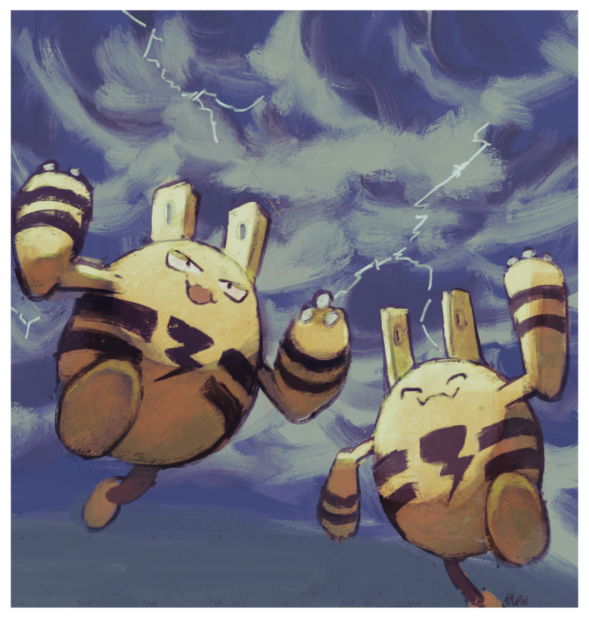 arm_up arms_up bishamon_(usagi_ba) black_eyes border closed_eyes closed_mouth cloud commentary_request elekid gen_2_pokemon highres lightning nintendo no_humans open_mouth outdoors pokemon pokemon_(creature) running signature storm white_border