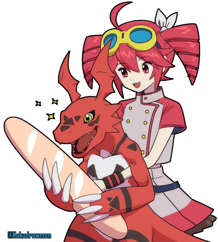 1girl ahoge baguette bread color_connection cowboy_shot crossover digimon digimon_tamers dinosaur drill_hair food goggles goggles_on_head grey_jacket grey_skirt guilmon highres jacket kakudrawmon kasane_teto miniskirt pleated_skirt red_eyes red_hair red_jacket red_skirt simple_background skirt twin_drills utau white_background yellow_eyes
