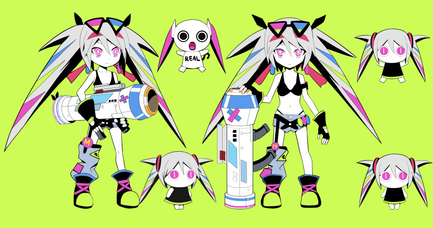 #compass 1girl 2girls absurdres aimaina black_bra blue_hair boots bra breasts commentary_request denim denim_shorts doushite-chan eyewear_on_head full_body game_bazooka_girl green_hair grey_hair hatsune_miku highres holding holding_weapon long_hair looking_at_viewer multicolored_hair multiple_girls pink_eyes pink_hair pinocchio-p real_ni_buttobasu_(vocaloid) red_hair shorts simple_background solo sunglasses underwear vocaloid weapon