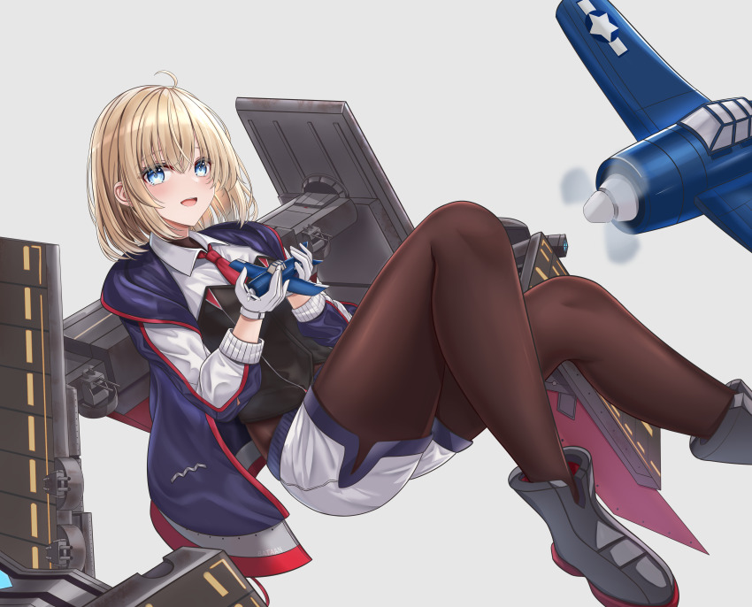 1girl absurdres ahoge aircraft airplane anti-aircraft anti-aircraft_gun azur_lane bataan_(azur_lane) blonde_hair blue_eyes bodysuit bomber boots breasts brown_bodysuit commentary_request commission corset dive_bomber flight_deck gloves highres holding jacket ke-zu long_sleeves looking_at_viewer machinery medium_breasts military_vehicle necktie open_clothes open_jacket open_mouth pixiv_commission red_necktie rigging roundel sbd_dauntless shirt short_hair short_shorts shorts simple_background smile solo tearing_up white_background white_gloves white_shirt white_shorts wing_collar