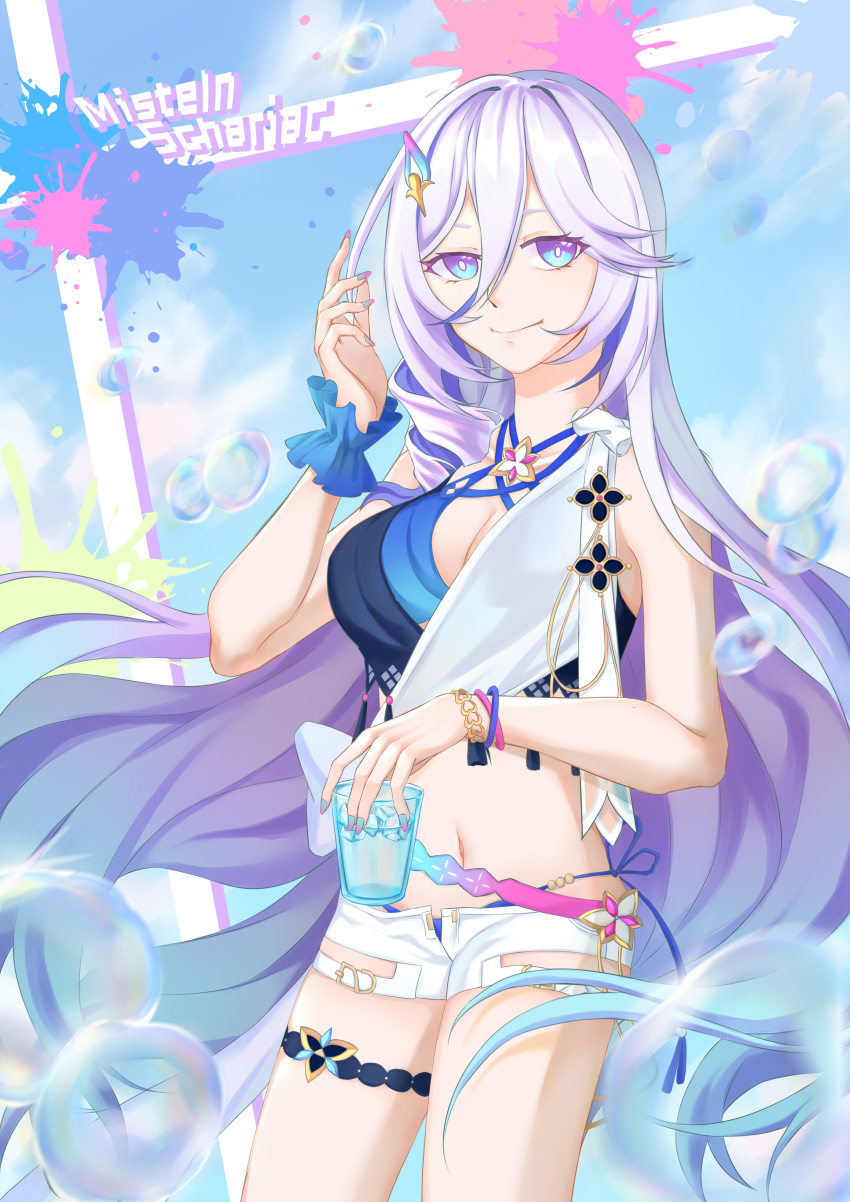 1girl absurdres bikini blue_bikini blue_eyes bracelet bubble character_name chi_pao_fu_de_maotouying colored_inner_hair cowboy_shot cup disposable_cup highres holding holding_cup honkai_(series) honkai_impact_3rd jewelry long_hair micro_shorts misteln_schariac misteln_schariac_(lulling_waves) multicolored_hair official_alternate_costume purple_hair scrunchie shorts smile solo swimsuit thigh_strap very_long_hair white_hair white_shorts wrist_scrunchie