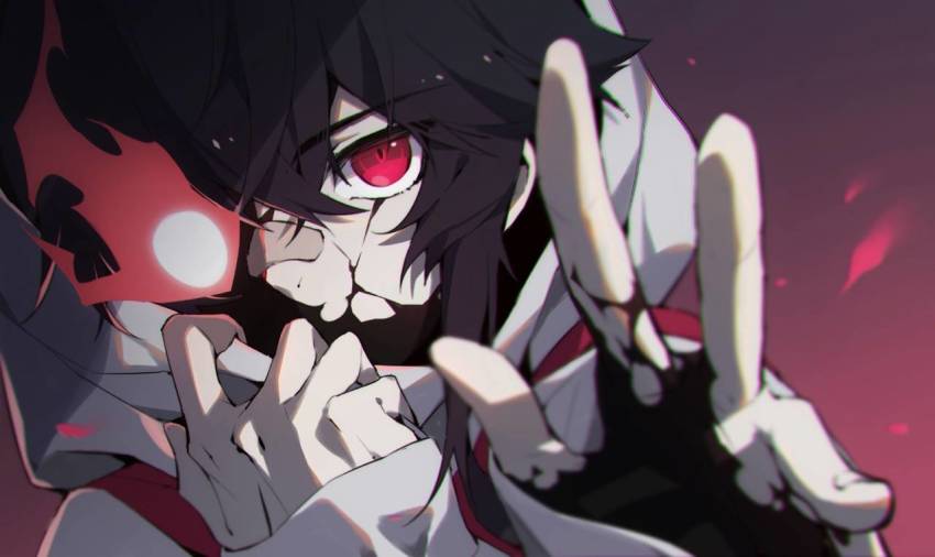1girl bandaid bandaid_on_face bandaid_on_nose black_hair eve_(utaite) fingernails fire flaming_eye glowing glowing_eye hood hood_up hoodie long_sleeves medium_hair original oyo_hitsuji red_eyes shadow sleeves_past_wrists solo upper_body white_hoodie