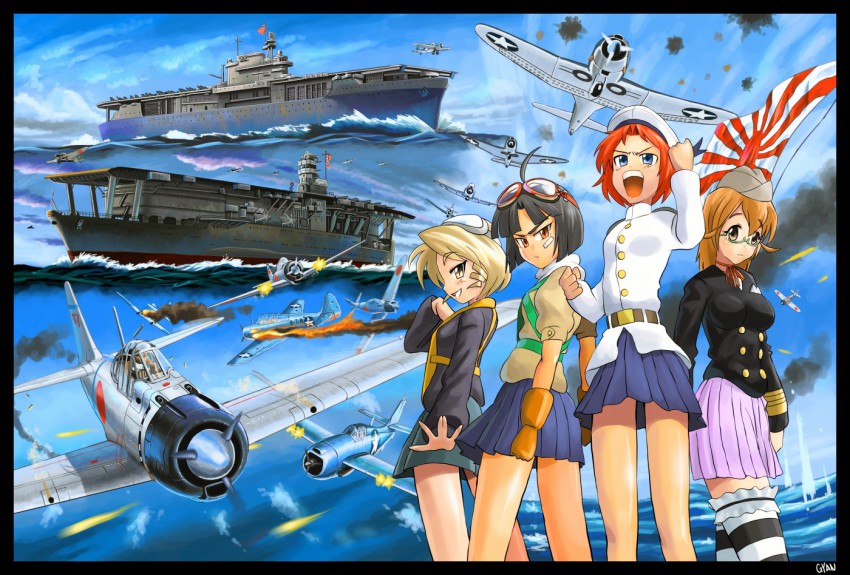 4girls a6m_zero aerial_battle ahoge aircraft aircraft_carrier airplane battle border douglas_sbd douglas_tbd flag glasses goggles grumman_f4f gyan_(akenosuisei) hat imperial_japanese_navy kaga_(aircraft_carrier) military military_uniform military_vehicle multiple_girls nakajima_b5n navy original propeller_fighter rising_sun_flag sbd_dauntless ship sunburst thighhighs uss_enterprise_(cv-6) uss_enterprise_(star_trek) warship watercraft world_war_ii zettai_ryouiki