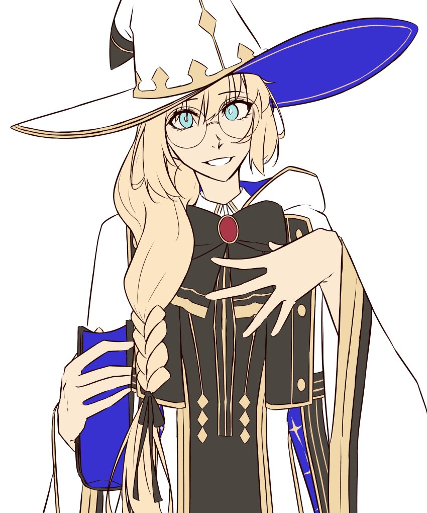 1girl absurdres aesc_(fate) aesc_(rain_witch)_(fate) blonde_hair blue_eyes book braid cloak fate/grand_order fate_(series) glasses hand_on_own_chest hat highres holding holding_book long_hair long_sleeves looking_at_viewer moren_eh red_brooch robe round_eyewear smile solo two-tone_sleeves white_background white_cloak white_hat white_robe wide_brim witch_hat