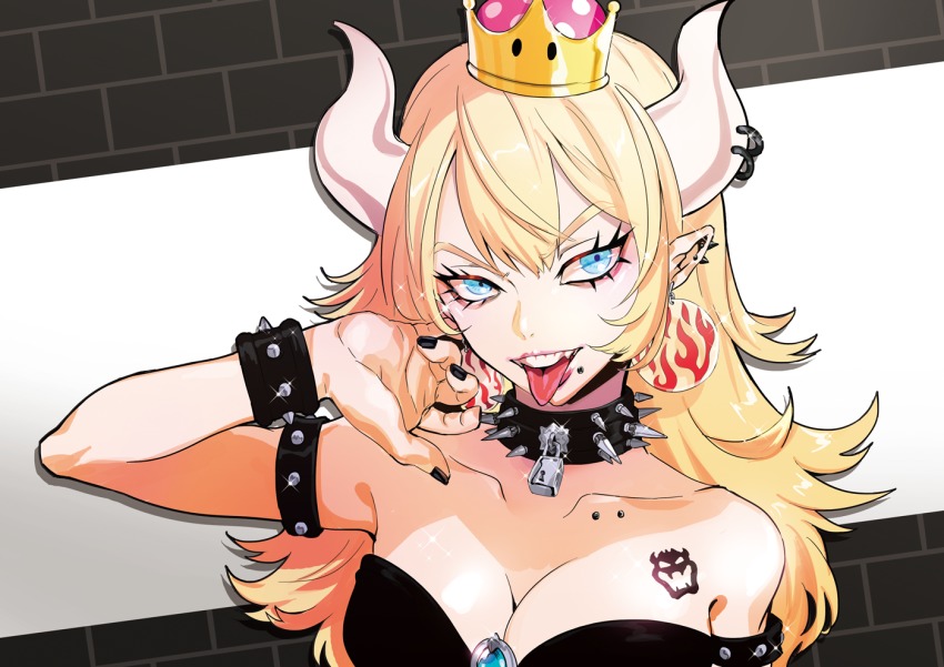 1girl bare_shoulders black_dress black_nails blonde_hair blue_eyes bowser_logo bowser_tattoo bowsette bracelet breasts cleavage collar collarbone crown dress earrings eyelashes fangs female_focus fingernails gem hand_up horn_ornament horn_ring horns jewelry long_hair looking_at_viewer mario_(series) medium_breasts nail_polish new_super_mario_bros._u_deluxe nintendo open_mouth piercing pointy_ears puppeteer7777 solo spiked_bracelet spiked_collar spikes strapless strapless_dress super_crown tattoo tongue tongue_out upper_body