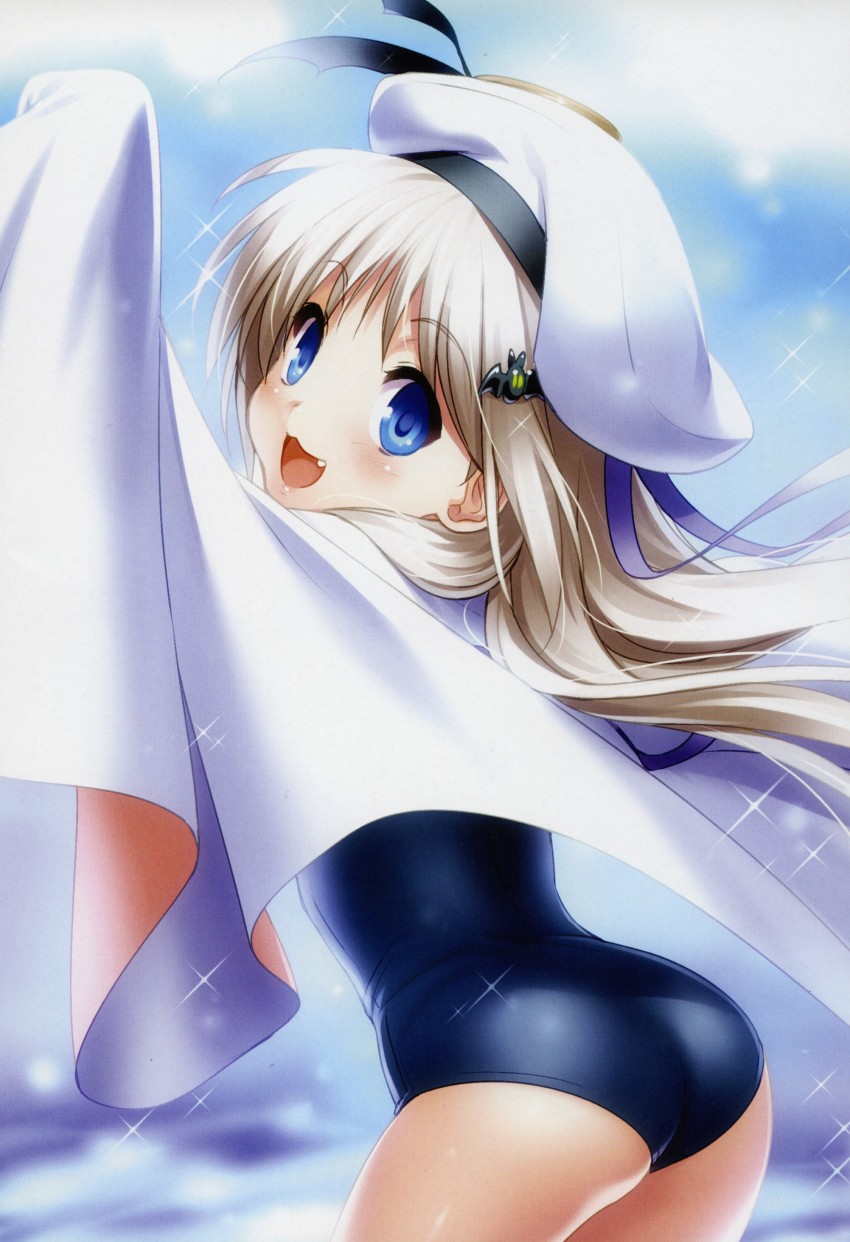 1girl :3 :d absurdres ass bat_hair_ornament beret blue_eyes blurry blush cape cowboy_shot depth_of_field fang hair_ornament hat head_tilt highres little_busters! long_hair noumi_kudryavka one-piece_swimsuit open_mouth scan school_swimsuit silver_hair smile solo sparkle swimsuit white_hat zen