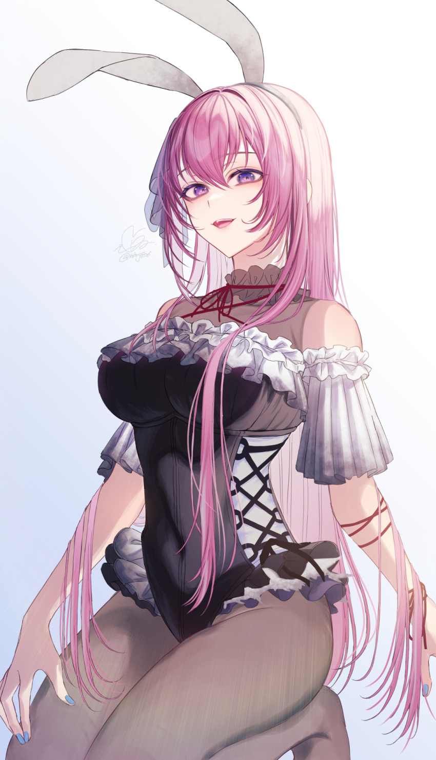 1girl 25-ji_luka animal_ear_hairband animal_ears arm_ribbon bare_shoulders black_leotard bodysuit breasts collarbone commentary_request covered_navel cross-laced_clothes crossed_bangs fake_animal_ears frilled_leotard frills hair_between_eyes hair_ornament hairband highres kneeling knees_out_of_frame large_breasts leotard long_hair looking_at_viewer megurine_luka neck_ribbon nhrg806 no_shoes off_shoulder open_mouth pantyhose pink_hair playboy_bunny project_sekai purple_eyes rabbit_ear_hairband rabbit_ears red_ribbon ribbon see-through_bodysuit see-through_clothes sidelocks signature simple_background sleeveless sleeveless_bodysuit smile solo strapless strapless_leotard thighs twitter_username very_long_hair vocaloid