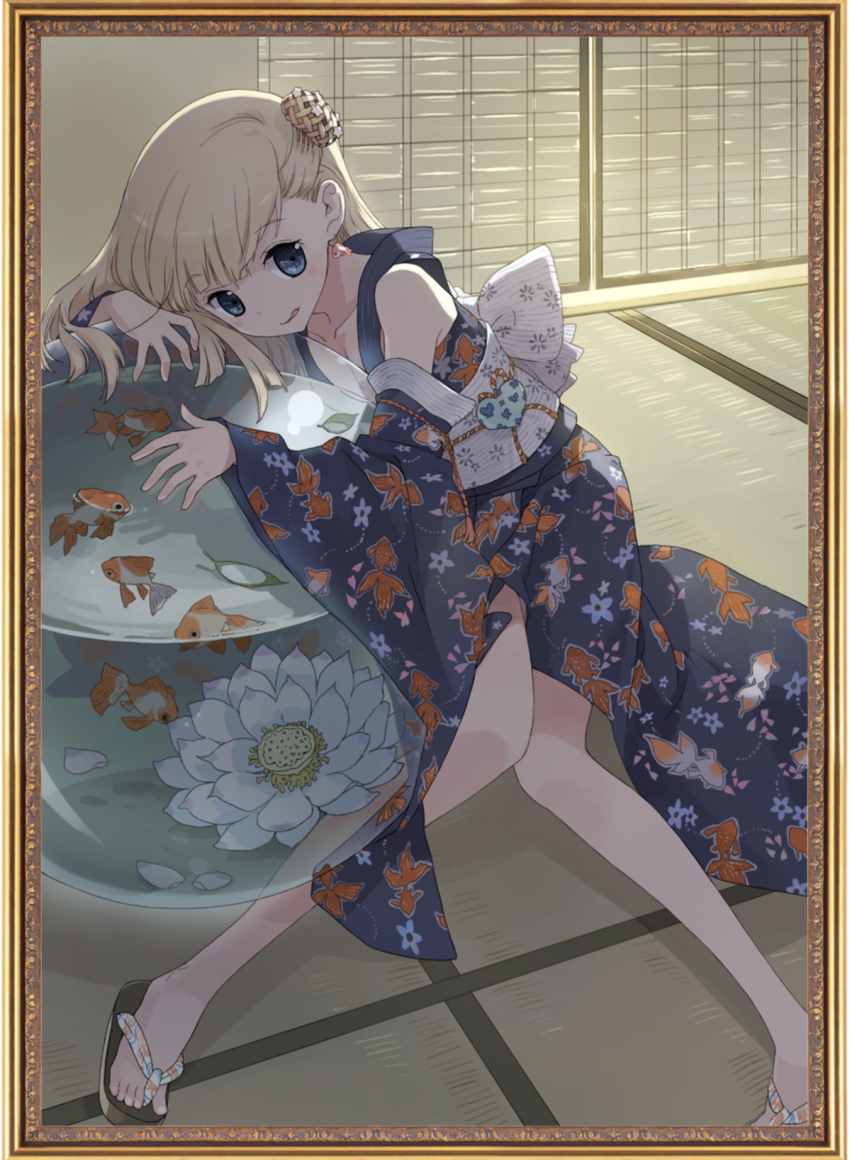 1girl :q blonde_hair earrings feet female_focus fish fish_earrings fish_tank highres indoors japanese_clothes kimono legs original sandals solo tiv tongue tongue_out yukata