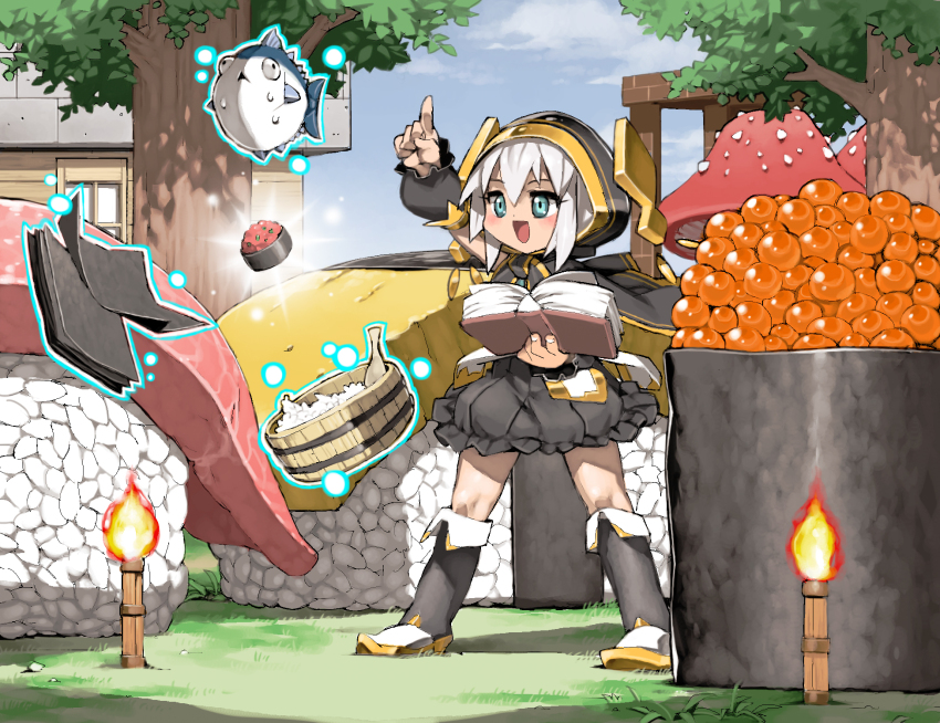 1girl ars_almal blowfish book boots cape fish floating food full_body happy highres hood hoodie levitation magic mushroom nijisanji open_mouth pointing pointing_up rice rock seaweed_sheet smile spoon sushi telekinesis torch tree virtual_youtuber wood_spoon ysk!