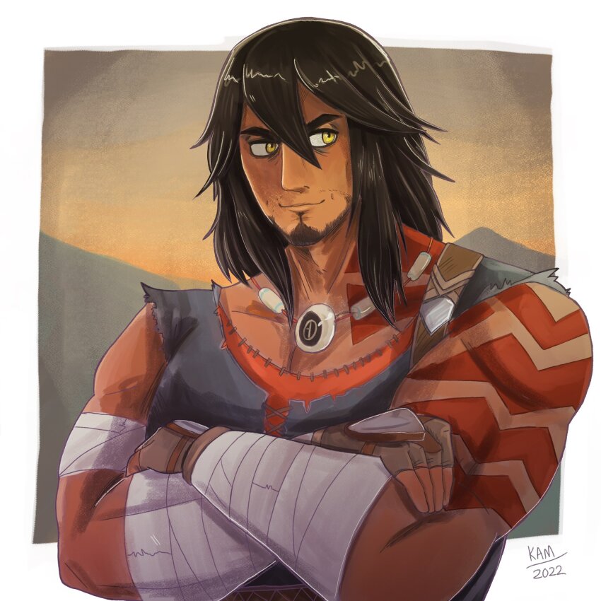 1boy arm_tattoo artist_name beard black_hair closed_mouth commentary crossed_arms dark-skinned_male dark_skin dated english_commentary facial_hair fingerless_gloves gloves hair_between_eyes highres jewelry kambi kid_icarus kid_icarus_uprising looking_to_the_side magnus_(kid_icarus) male_focus mature_male medium_hair muscular muscular_male necklace nintendo shoulder_tattoo sidelocks smile solo tattoo thick_eyelashes upper_body vest yellow_eyes