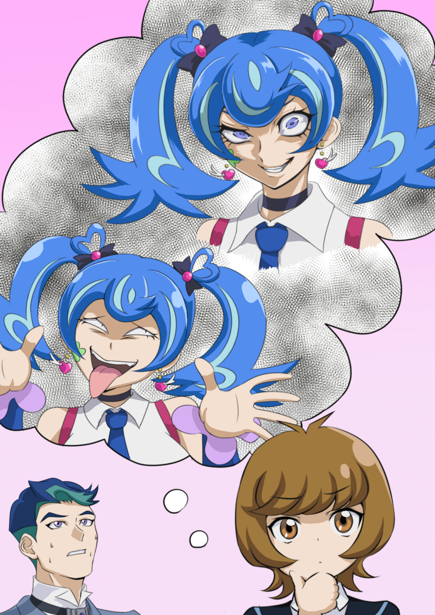 1boy 2girls absurdres alternate_form antenna_hair bare_shoulders black_bow black_choker black_jacket black_necktie blazer blue_angel_(yu-gi-oh!) blue_eyes blue_hair blue_necktie blue_scrunchie blue_wrist_cuffs bow brown_eyes brown_hair choker clenched_hand colored_bangs crazy crazy_eyes crazy_smile dress_shirt emoji expressionless facial_tattoo facing_another facing_viewer finger_to_own_chin gradient_background grey_background grey_jacket hair_bow hair_ornament half-closed_eye hand_on_own_chin hands_up heart heart_ear_ornament heart_hair_ornament highres jacket looking_to_the_side looking_up meta multiple_expressions multiple_girls muto_dt necktie open_clothes open_hand open_jacket open_mouth out_of_character pink_background pink_trim popped_collar school_uniform scrunchie shirt sleeveless sleeveless_shirt smile speech_bubble sweatdrop tattoo thinking thinking_emoji thought_bubble tongue tongue_out twintails white_shirt worried wrist_cuffs yu-gi-oh! yu-gi-oh!_vrains zaizen_akira zaizen_aoi