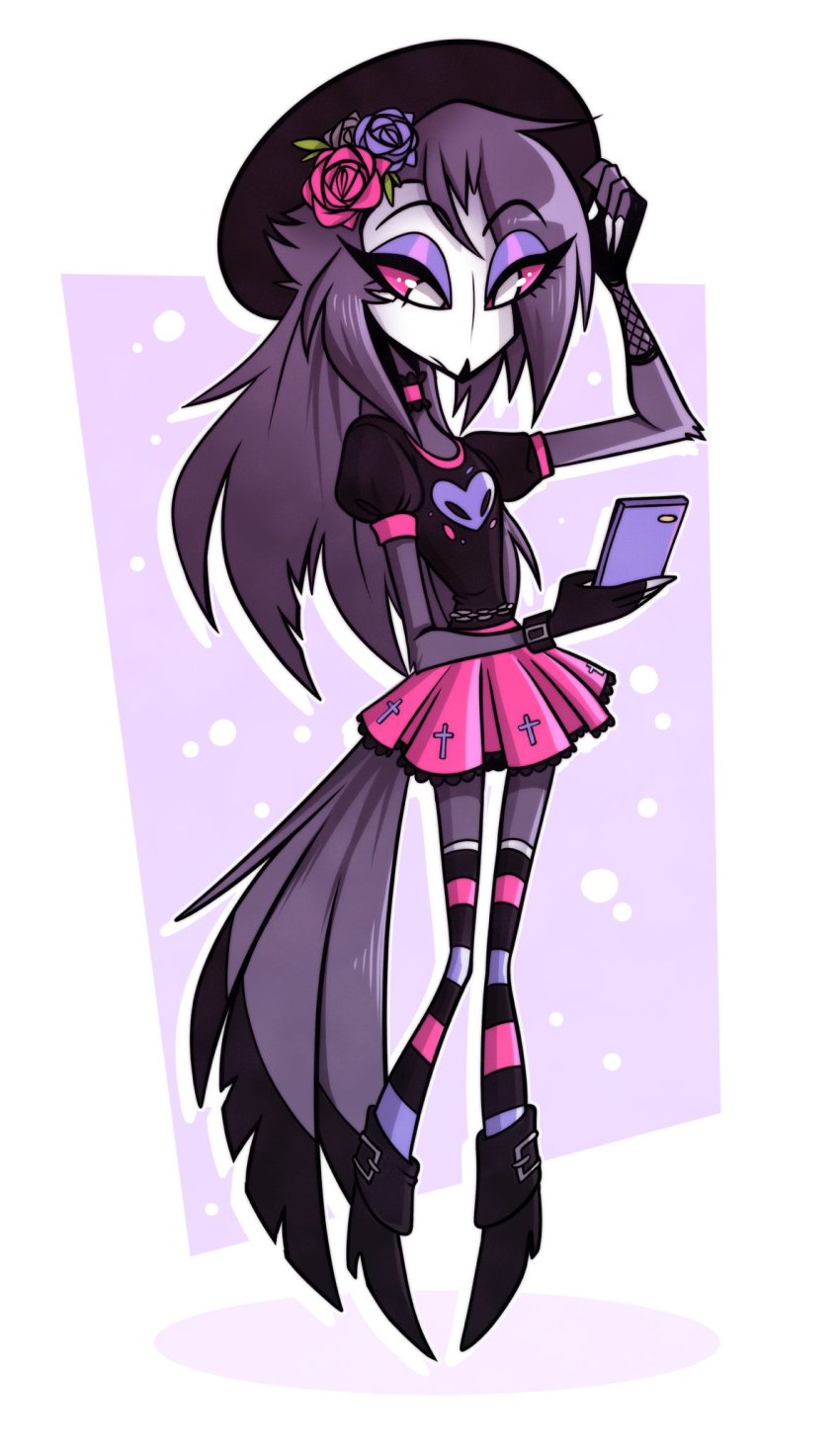 1girl bird_girl boots demon_girl fingerless_gloves flower gloves hair_flower hair_ornament hat helluva_boss high_heel_boots high_heels highres madelezabeth octavia_(helluva_boss) owl_girl phone purple_hair red_eyes skirt thighhighs