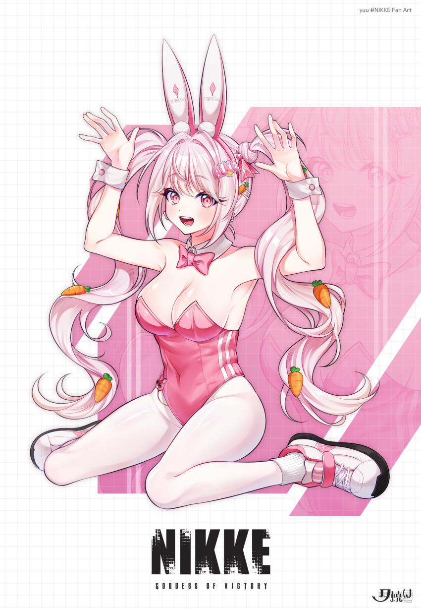 1girl :d absurdres alice_(nikke) alice_(wonderland_bunny)_(nikke) animal_ear_fluff animal_ears arms_up artist_logo bare_shoulders bow bowtie breasts carrot_hair_ornament commentary copyright_name covered_navel detached_collar english_commentary fake_animal_ears food-themed_hair_ornament full_body goddess_of_victory:_nikke hair_ornament highres large_breasts leotard logo long_hair looking_at_viewer open_mouth pantyhose pink_bow pink_bowtie pink_eyes pink_theme playboy_bunny rabbit_ears ribbed_socks shoes sitting smile sneakers socks solo strapless strapless_leotard twintails very_long_hair wariza white_pantyhose white_socks yu_uyake15 zoom_layer