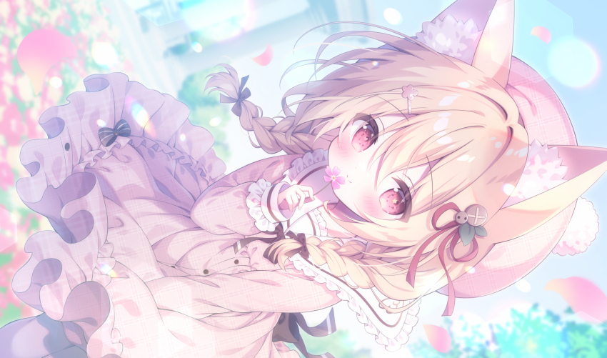 1girl animal_ear_fluff animal_ears beret black_bow black_bowtie blonde_hair bow bowtie braid closed_mouth commentary commission dress flower hair_between_eyes hair_bow hair_flower hair_ornament hair_ribbon hairclip hanamaru_lily hat heart heart-shaped_pupils highres holding holding_flower kamishiro_piyo long_hair long_sleeves looking_at_viewer mismatched_pupils original pink_dress pink_eyes pink_flower pink_hat plaid_clothes plaid_dress plaid_hat pom_pom_hat_ornament red_ribbon ribbon skeb_commission smile solo star-shaped_pupils star_(symbol) symbol-only_commentary symbol-shaped_pupils twin_braids