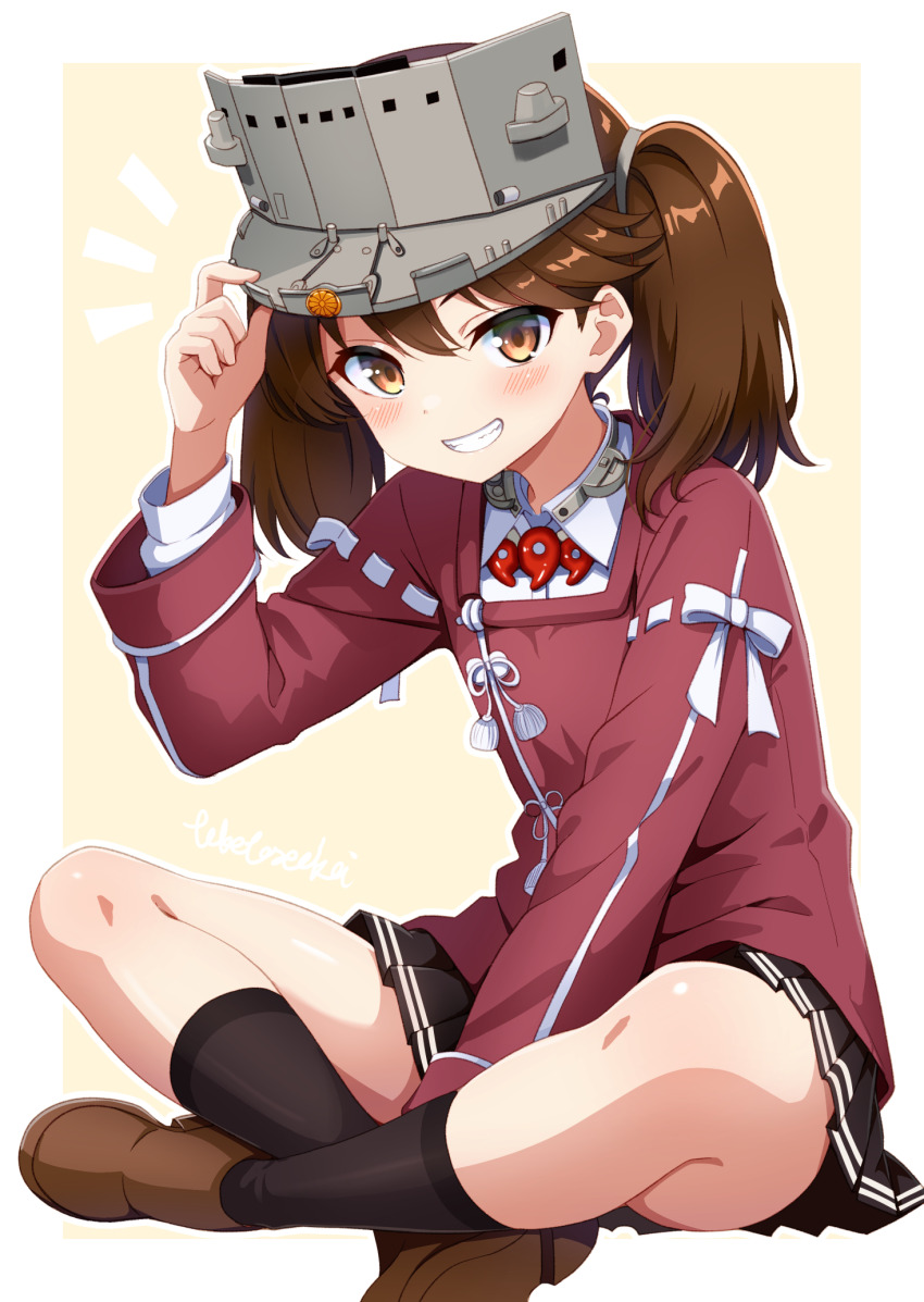 1girl black_skirt black_socks brown_eyes brown_hair brown_shoes highres japanese_clothes kantai_collection kariginu loafers long_sleeves looking_at_viewer magatama miniskirt pleated_skirt ryuujou_(kancolle) ryuujou_kai_ni_(kancolle) shikigami shoes sitting skirt smile socks solo toketa-sekai twintails visor_cap