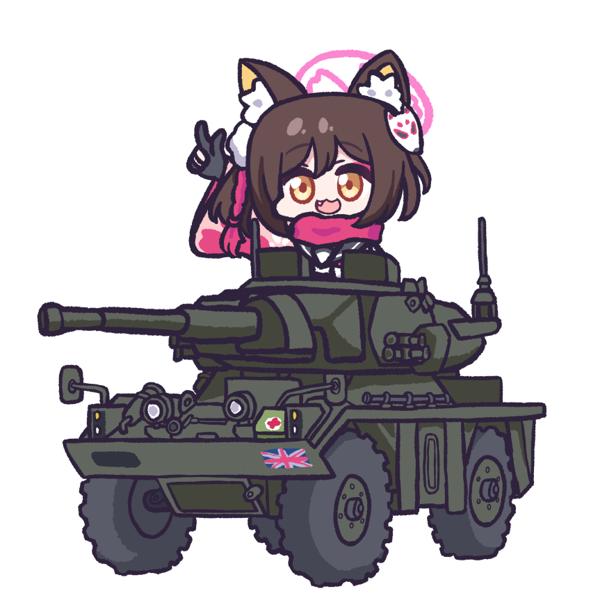 1girl absurdres animal_ears armored_car armored_personnel_carrier armored_vehicle blue_archive brown_hair cannon chibi commission first_aid_kit fox_ears fox_girl fv721_fox halo highres izuna_(blue_archive) military_vehicle motor_vehicle name_connection panatisia skeb_commission smile solo union_jack v white_background yellow_eyes