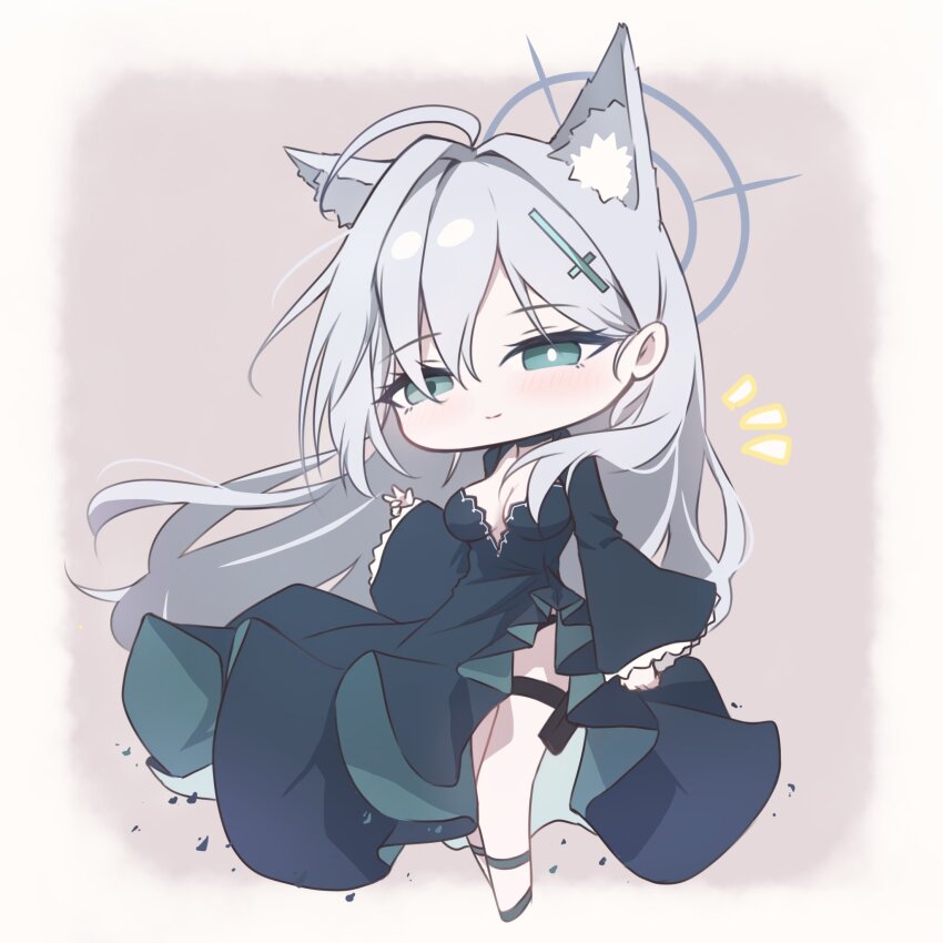 1girl animal_ear_fluff animal_ears black_dress black_panties blue_archive blush breasts chibi chibi_only cleavage closed_mouth cross_hair_ornament dress extra_ears green_eyes grey_hair grey_halo hair_intakes hair_ornament halo highres holster karupa_(karupapon) long_hair long_sleeves looking_at_viewer mismatched_pupils notice_lines panties panty_peek shiroko_(blue_archive) shiroko_terror_(blue_archive) smile solo thigh_holster underwear v very_long_hair wolf_ears