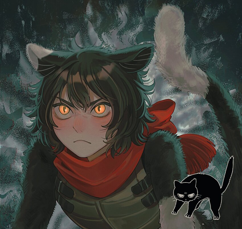 &gt;:( 1girl alt_text animal_ears armor black_fur black_hair body_fur bow cat cat_ears cat_girl cat_tail closed_mouth commentary_request dungeon_meshi ears_down fringe_trim glaring highres izutsumi leather_armor looking_ahead mismatched_animal_ear_colors red_scarf sasakura34 scarf scarf_bow short_hair slit_pupils solo tail upper_body v-shaped_eyebrows yellow_eyes