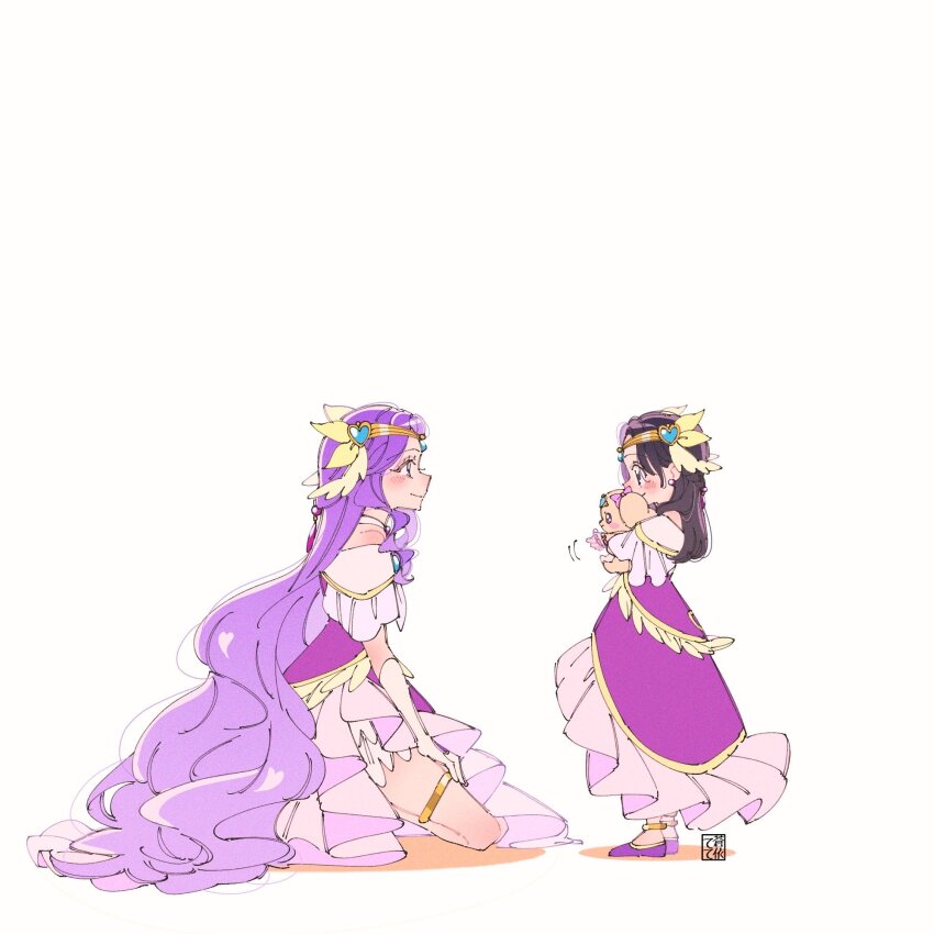 2girls aoi_tete artist_logo black_eyes black_hair braid closed_mouth commentary cosplay cure_earth cure_earth_(cosplay) dog dress flats fuurin_asumi gloves hair_ornament hand_on_own_thigh healin&#039;_good_precure heart heart_hair_ornament highres jewelry kneeling latte_(precure) logo long_dress long_hair looking_at_another magical_girl motion_lines multiple_girls off-shoulder_dress off_shoulder precure purple_dress purple_eyes purple_footwear purple_hair simple_background smile standing thighlet tiara very_long_hair white_background white_gloves
