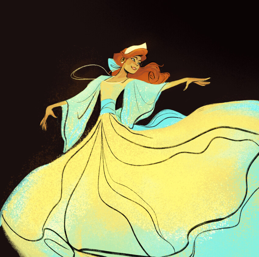 1girl absurdres anastasia_(1997) anya_(anastasia) black_background blue_sleeves commentary crown dress earrings english_commentary floating_clothes francescarisoldi hair_tie highres jewelry long_dress looking_to_the_side necklace orange_hair outstretched_arm ponytail princess simple_background smile solo yellow_dress