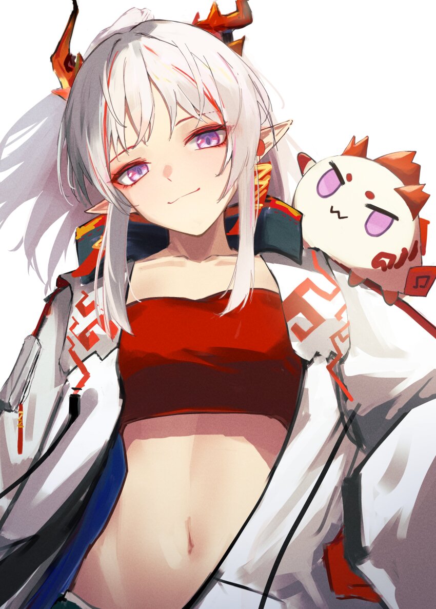 1girl absurdres arknights closed_mouth collarbone dragon_bubble_(arknights) dragon_girl dragon_horns earrings highres horns jacket jewelry long_hair looking_at_viewer midriff multicolored_hair navel nekomatamago nian_(arknights) open_clothes open_jacket pointy_ears purple_eyes red_tube_top smile solo strapless streaked_hair tassel tassel_earrings tube_top white_hair