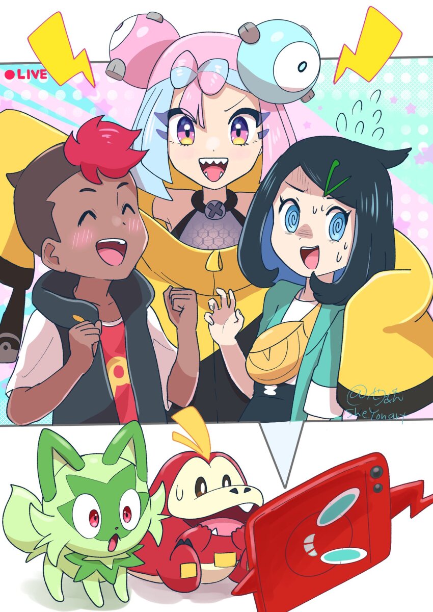1boy 2girls blonde_hair blue_hair blush brown_eyes brown_hair dark-skinned_male dark_skin fuecoco gen_4_pokemon hair_ornament hairclip highres iono_(pokemon) liko_(pokemon) multicolored_hair multiple_girls nintendo open_mouth pink_eyes pink_hair pokemon pokemon_(anime) pokemon_horizons rotom rotom_phone roy_(pokemon) sheyona sitting sprigatito standing surprised sweat two-tone_hair