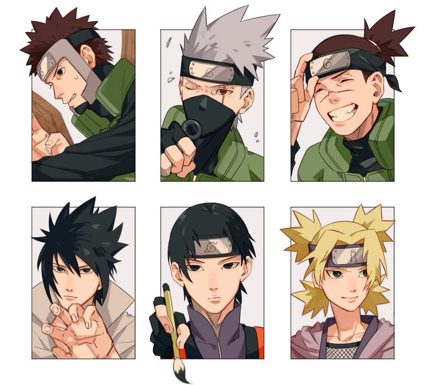 1girl 5boys black_eyes black_hair black_hairband blonde_hair blue_eyes brown_hair calligraphy_brush collarbone fingernails fishnets grey_hair grin hairband hatake_kakashi highres holding holding_calligraphy_brush holding_paintbrush holding_weapon japanese_clothes kunai messy_hair mirin_(coene65) multiple_boys naruto_(classic) naruto_(series) one_eye_closed paintbrush ponytail quad_tails sai_(naruto) scar scar_across_eye scar_on_face short_hair smile sweatdrop temari_(naruto) uchiha_sasuke umino_iruka weapon yamato_(naruto)