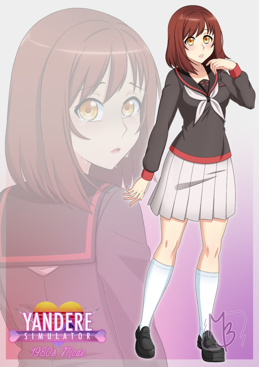 1girl absurdres black_footwear black_serafuku brown_eyes commentary copyright_name crying crying_with_eyes_open english_commentary highres mulberry_(mulberry_elixir) multicolored_eyes neckerchief official_art school_uniform serafuku signature skirt solo striped_clothes sumire_saitozaki tears teeth thighhighs two-tone_eyes white_neckerchief white_skirt white_thighhighs yandere_simulator yellow_eyes zettai_ryouiki