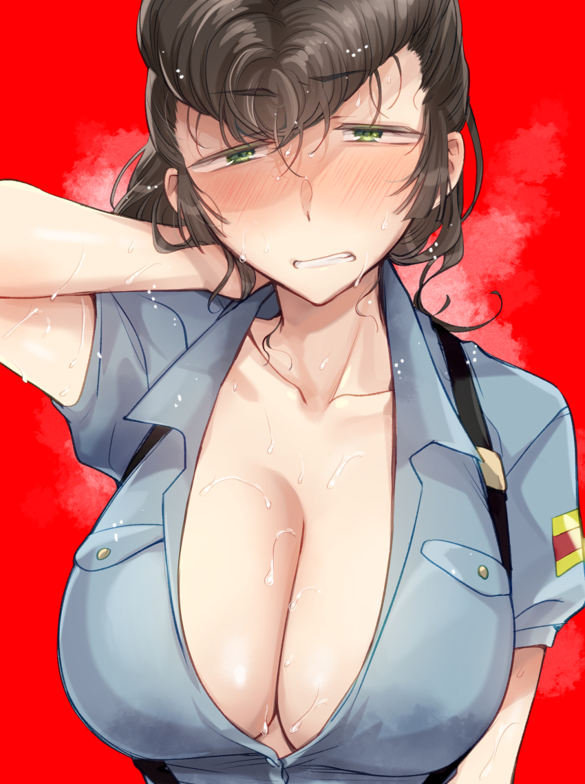 1girl absurdres alternate_costume aoshidan_school_uniform arm_behind_head blue_shirt breasts brown_hair cleavage collared_shirt commentary frown girls_und_panzer green_eyes grimace half-closed_eyes highres koyama_harutarou large_breasts long_hair looking_at_viewer partially_unbuttoned pompadour red_background school_uniform shirt short_sleeves solo spanish_flag steam suspenders sweat yuri_(girls_und_panzer)