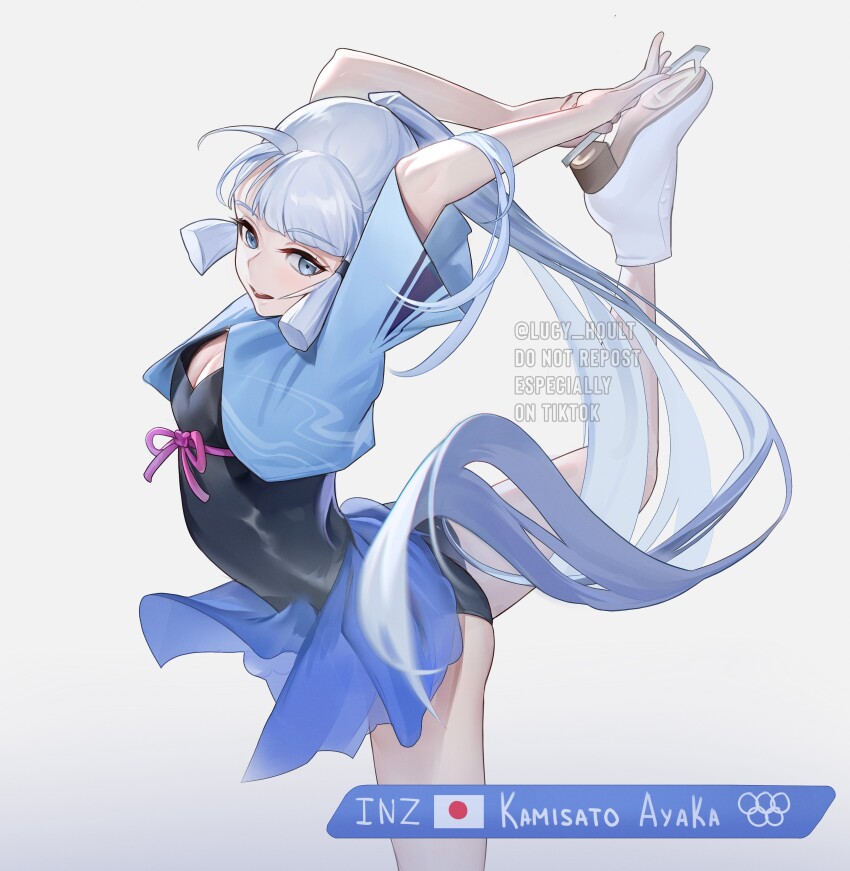 1girl absurdres alternate_costume ass ayaka_(genshin_impact) black_leotard blue_hair blunt_bangs blunt_tresses blurry blurry_foreground bow breasts character_name cleavage color_request commentary cowboy_shot depth_of_field dress english_commentary figure_skating from_side genshin_impact grey_eyes hair_tubes highres ice_skates ice_skating japanese_flag leg_lift leotard leotard_peek long_hair looking_to_the_side lu_luu99 olympic_rings olympics open_mouth ponytail see-through_clothes short_sleeves shrug_(clothing) sidelocks simple_background skates skating small_breasts solo standing standing_on_one_leg teeth tongue twitter_username watermark white_background white_footwear