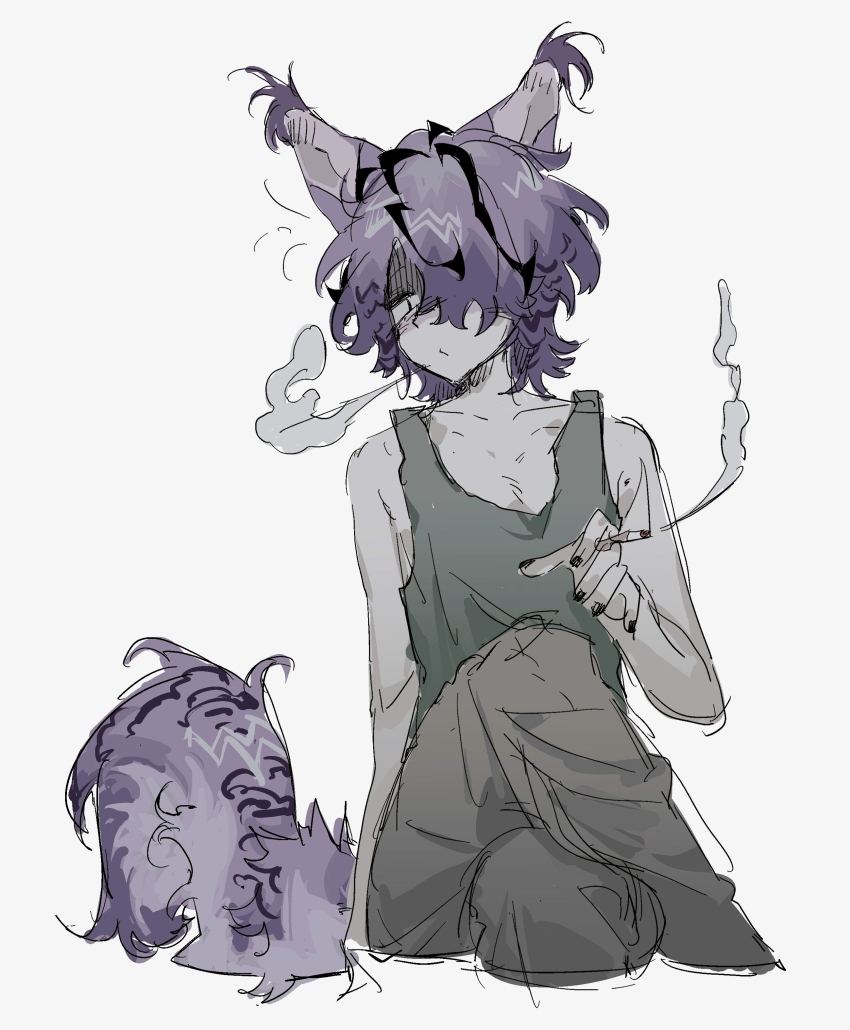 1boy absurdres animal_ears black_hair blowing_smoke brown_pants chinese_commentary cigarette commentary_request garry_(ib) green_tank_top hair_over_one_eye highres holding holding_cigarette ib_(kouri) kemonomimi_mode male_focus multicolored_hair pants purple_hair simple_background sitting sketch smoke solo tail tank_top two-tone_hair white_background xiboliya_suanxing_shengwu