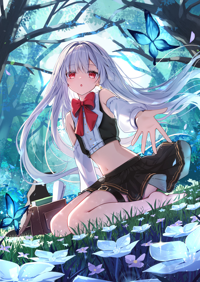1girl :o absurdres bag bare_shoulders black_skirt blue_butterfly bow branch brown_bag bug butterfly buttons commentary_request crescent crescent_earrings crop_top cropped_shirt detached_sleeves earrings flower forest full_body fuyoyo gold_trim grass handbag highres insect jewelry light_blush light_particles long_hair looking_at_viewer nature navel offering_hand on_grass original pleated_skirt reaching red_bow red_eyes seiza sitting skirt solo stomach thigh_strap tree two-tone_shirt white_hair