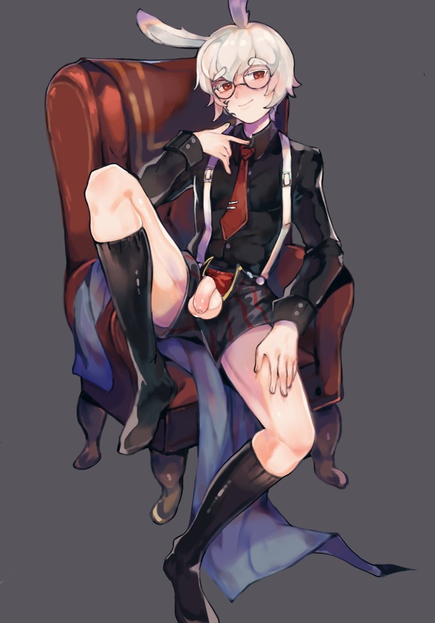 1boy alt_text animal_ears black_boots black_shirt black_shorts black_socks boots byebyefr0g byefrog chair closed_mouth collared_shirt commentary facial_tattoo final_fantasy final_fantasy_xiv foreskin full_body glasses grey_background hand_on_own_leg hand_up highres knee_boots knee_up kneehighs long_sleeves looking_at_viewer male_focus necktie original penis penis_out rabbit_boy rabbit_ears red_eyes red_necktie second-party_source shirt short_hair shorts simple_background sitting smile socks solo spread_legs tattoo testicles thick_eyebrows uncensored warrior_of_light_(ff14) white_hair