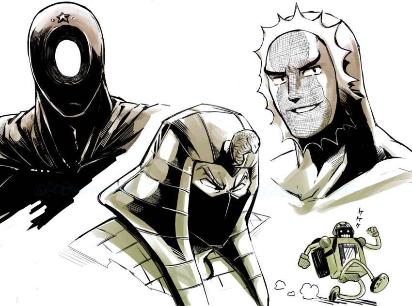 4boys android artist_request black_hole_(kinnikuman) faceless grin helmet kinnikuman looking_at_viewer manly mister_khamen monochrome multiple_boys no_eyes no_face no_mouth pectorals peek-a-boo_(kinnikuman) running simple_background smile stecase_king upper_body white_background