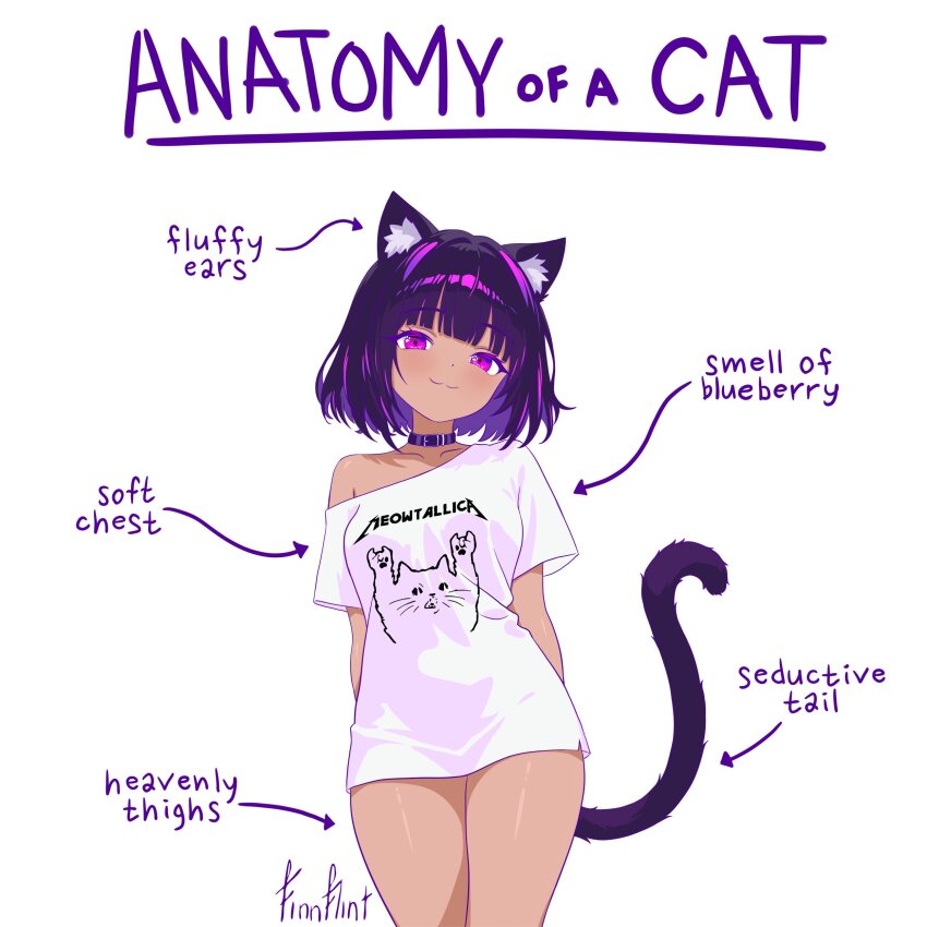 1girl :3 absurdres anatomy_of_a_gamer_(meme) animal_ears animal_print artist_name black_hair breasts cat_ears cat_girl cat_print cat_tail dark-skinned_female dark_skin finn_flint finn_flint_(vtuber) highres indie_virtual_youtuber looking_at_viewer medium_breasts meme metallica multicolored_hair no_pants off_shoulder purple_eyes purple_hair shirt short_hair short_sleeves simple_background smile tail two-tone_hair virtual_youtuber white_background white_shirt