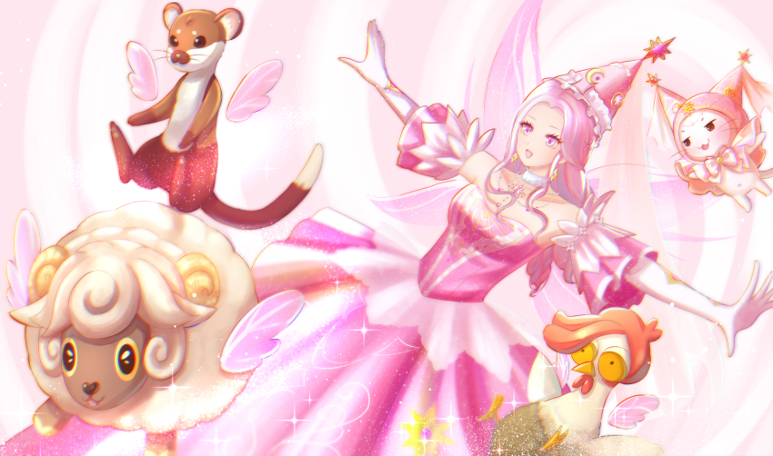 1girl animal bare_shoulders beretsant bird bow bowtie brooch brown_eyes cat chicken choker circlet cloak clothed_animal collarbone commentary_request crescent_print detached_sleeves dot_nose dress ear_covers earrings elbow_gloves enchanted_encounter_(infinity_nikki) eyelashes fairy_wings feather-trimmed_sleeves feet floating forehead frilled_cloak frilled_headwear gloves gown happy hat hat_ornament highres hood hood_up hooded_cloak infinity_nikki jewelry light_particles long_dress long_hair looking_ahead momo_(nikki) navel necklace nikki_(nikki) nikki_(series) official_alternate_costume open_mouth pink_bow pink_bowtie pink_cloak pink_dress pink_eyes pink_hair pink_hat pink_sleeves pink_veil pink_wings pleated_sleeves portal_(object) sarah_ang sheep short_hair sidelocks smile sparkle star_(symbol) star_earrings star_hat_ornament star_necklace strapless strapless_dress striped_bow striped_bowtie striped_clothes striped_headwear suspenders_weasel_(infinity_nikki) veil vertical-striped_clothes vertical-striped_headwear very_long_hair wavy_hair weasel white_cat white_choker white_gloves winged_animal wings