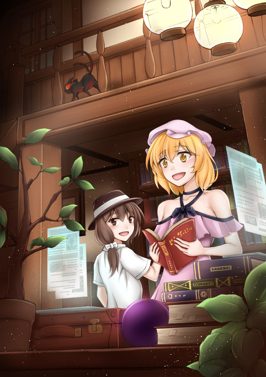2girls alternate_costume asymmetrical_hair bakeneko blonde_hair book book_stack brown_hair dress fedora from_behind hat highres holographic_interface holographic_monitor indoors kaenbyou_rin kaenbyou_rin_(cat) leaf maribel_hearn mob_cap multiple_girls multiple_tails occult_ball plant purple_dress shirt short_hair short_sleeves smile suitcase tail touhou two_tails usami_renko user_crfm4734 white_shirt wooden_wall