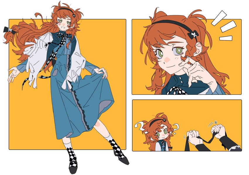 2girls 3koma ? blindfold brown_hair comic full_body green_eyes highres molu_stranger multiple_girls reverse:1999 sonetto_(reverse:1999)