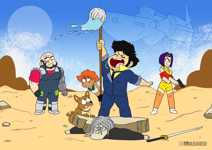 2girls 3boys animal beard bebop bebop_(cowboy_bebop) cigarette cowboy_bebop dark-skinned_female dark_skin dog edward_wong_hau_pepelu_tivrusky_iv ein_(cowboy_bebop) facial_hair faye_valentine gun highres jet_black multiple_boys multiple_girls orange_hair parody scar scar_across_eye scar_on_face spike_spiegel style_parody sword thundercats thundercats_roar vicious_(cowboy_bebop) weapon