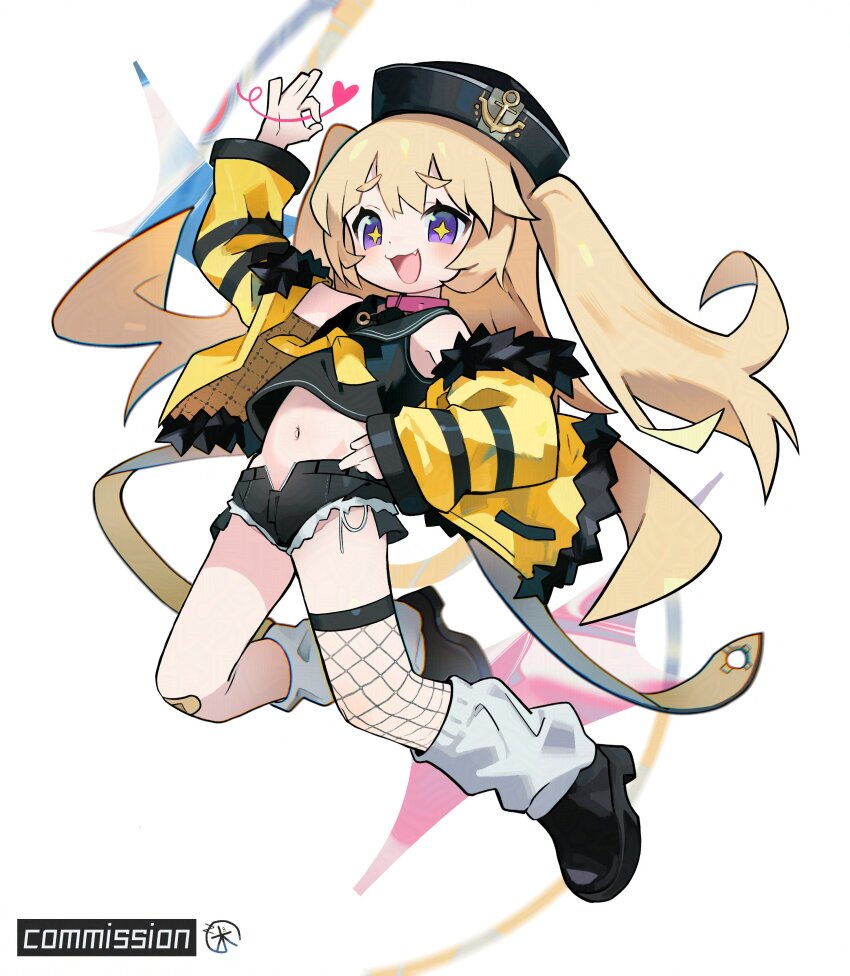 +_+ 1girl absurdres anchor_symbol arm_up azur_lane bache_(azur_lane) bandaid bandaid_on_knee bandaid_on_leg black_hat black_sailor_collar black_shoes black_shorts blonde_hair blush commentary commission crop_top fang fishnet_thighhighs fishnets fur-trimmed_jacket fur_trim hat heart highres jacket leg_warmers long_hair long_sleeves midriff morizo_(morizoshop) neckerchief open_clothes open_jacket open_mouth purple_eyes sailor_collar shoes short_shorts shorts simple_background single_thighhigh solo thighhighs two_side_up very_long_hair yellow_jacket yellow_neckerchief