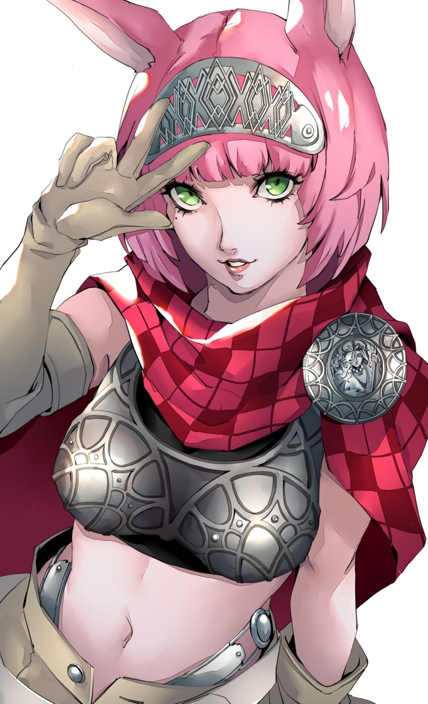 1girl animal_ears armor breastplate cape catherina_(metaphor:_refantazio) commentary_request elbow_gloves gloves green_eyes grey_gloves highres looking_at_viewer metaphor:_refantazio midriff mole mole_under_eye navel parted_lips pertex_777 pink_hair pink_lips plaid_cape plaid_clothes red_cape short_hair simple_background solo stomach w white_background